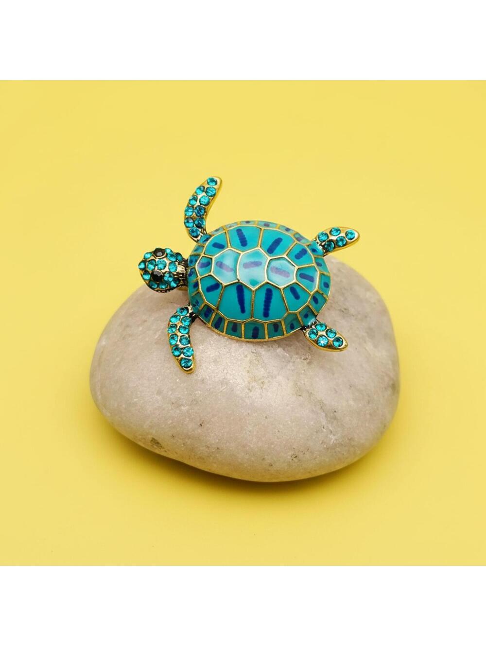 Turquoise Blue Turtle Brooch with Rhinestone Accents